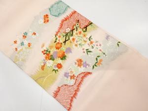 菊に枝垂れ桜・楓模様織り出し　名古屋帯